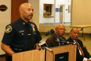 Police Chief Ralph Godbee, Mayor Dave Bing, and Congressman John Conyers, Jr. speaking about Detroit’s comprehensive youth violence plan in September 2011