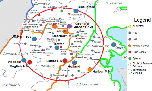 A map of boston with 5 mile circle centered on Dearborn M S and Trotter